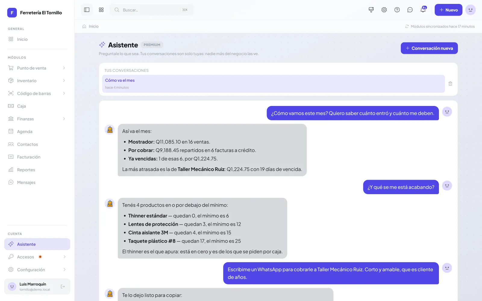 El asistente contestando con los números del negocio